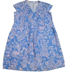 J.Jill Love Linen Petite Small Blue Pink Paisley‎ Floral Shift Dress Cap Slee.